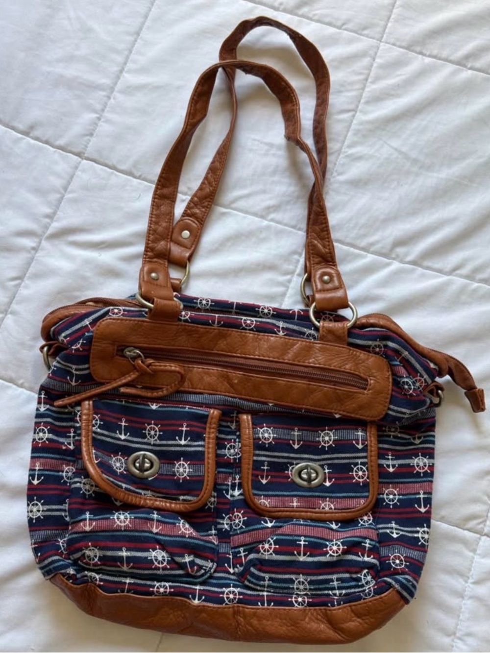 Striped Wallflower Brand Nautical Slouch Canvas Tote Bag with Brown Trim